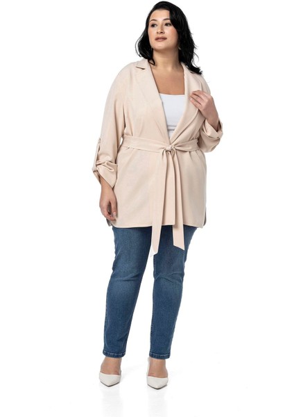 Büyük Beden Katlamalı Kollu Kuşaklı Astarsız Uzun Siyah Ceket fırsatları