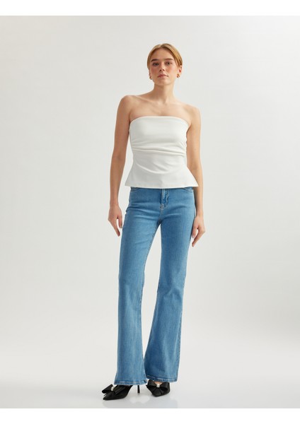 Uzun Ispanyol Paça Düğmeli Dar Kalıp Denim Pantolon - Flare Jeans