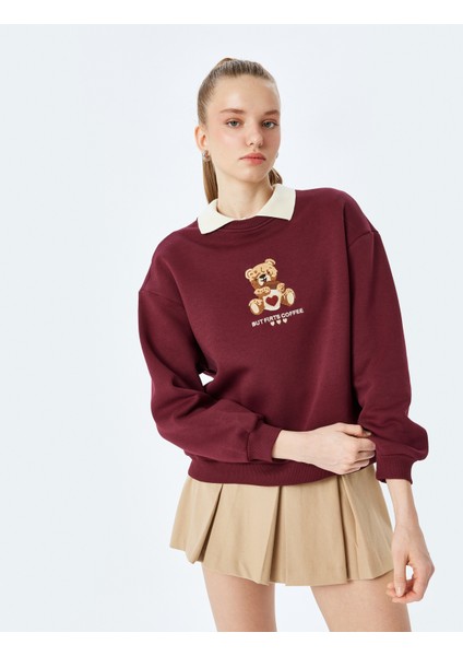 Ayı Nakışlı Uzun Kollu Bisiklet Yaka Oversize Sweatshirt