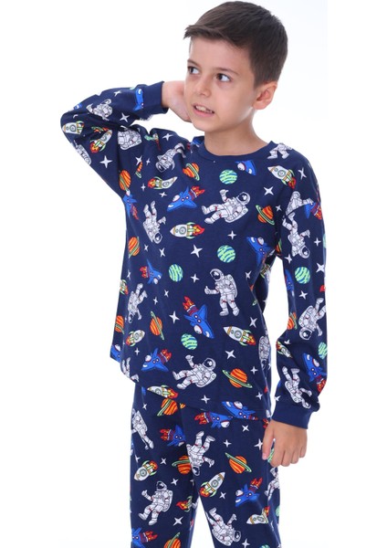 Galaxy ve Astronot Baskılı Pamuk Uzun Kollu Erkek Pijama Takımı (3,4,5,6,7,8 Yaş)