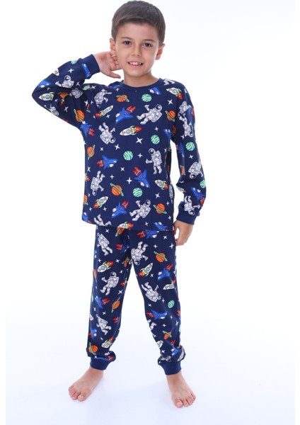 Galaxy ve Astronot Baskılı Pamuk Uzun Kollu Erkek Pijama Takımı (3,4,5,6,7,8 Yaş)