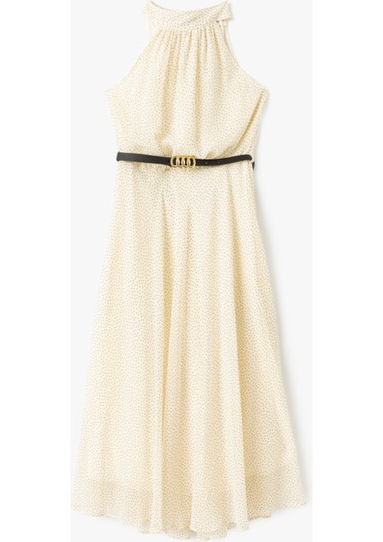 Asarlı Kemerli Puantiyeli Halter Yaka Şifon Elbise