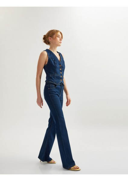 Uzun Ispanyol Paça Düğmeli Dar Kalıp Denim Pantolon - Flare Jeans