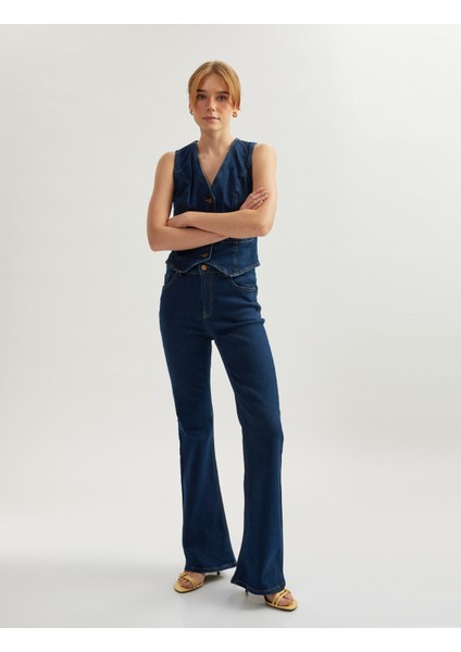 Uzun Ispanyol Paça Düğmeli Dar Kalıp Denim Pantolon - Flare Jeans