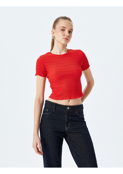 Basic Kısa Kollu Bisiklet Yaka Dokulu Crop Tişört