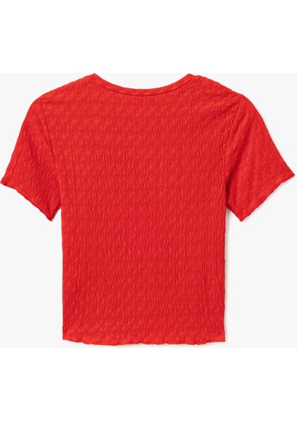 Basic Kısa Kollu Bisiklet Yaka Dokulu Crop Tişört fırsatları