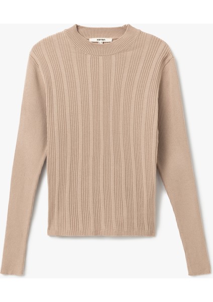 Uzun Kollu Yuvarlak Yaka Dokulu Basic Kadın Triko Kazak modelleri