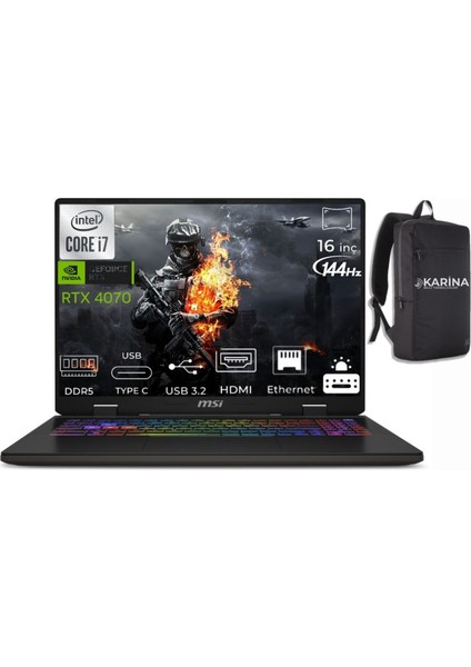 Msı Sword 16 Hx I7-14650HX B14VGKG-473XTR-48 96GB 4tb RTX4070 Windows 11 Pro 16" Fhd+ 144Hz Taşınabilir Bilgisayar &B14VGKG473XTRK48