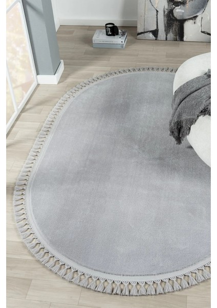 Puffy Gri Oval Örgü Saçaklı Peluş Yumuşacık Yıkanabilir Kaymaz Taban Halı Salon Oturma Odası fiyatları