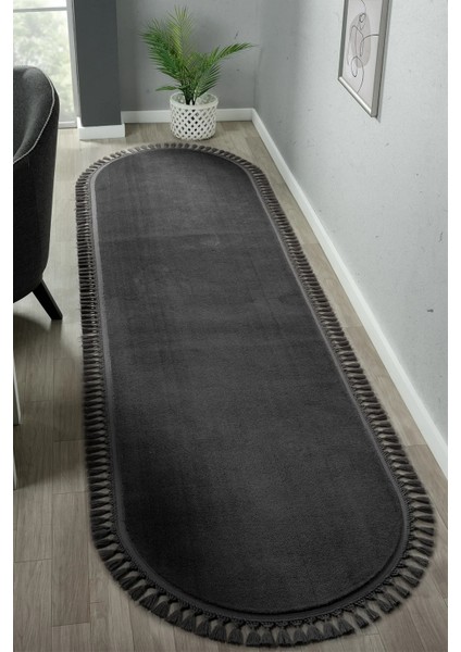 Puffy Antrasit Oval Örgü Saçaklı Peluş Yumuşacık Yıkanabilir Kaymaz Taban Halı Salon Oturma Odası indirimleri