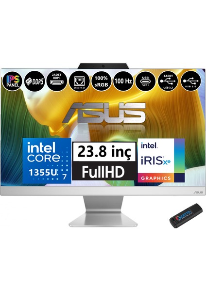 WA3402WBAK-I716512W0D Intel Core I7 1355U 32GB Ddr5 2tb SSD Fhd 23.8" IPS 100Hz Beyaz Windows 11 Pro All In One Bilgisayar WI716512W0DW09+Zetta USB Bellek