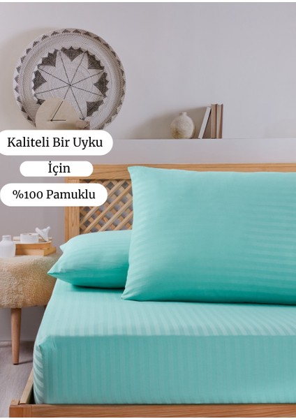 Pamuklu Çizgili Saten Tek Kişilik Lastikli Çarşaf Seti 100 x 200 cm 30 cm 1 Adet Yastık Kılıfı