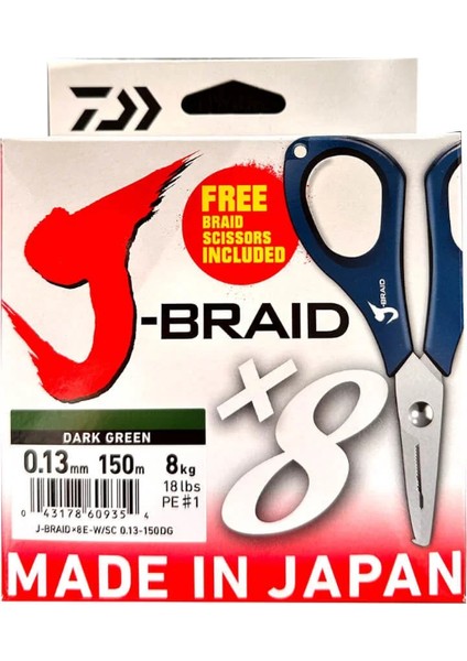 Jbraid 8b Koyu Yeşil 150M Ip Misina Makaslı - 0,18 mm