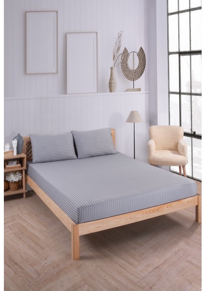 Pamuklu Çizgili Saten Tek Kişilik Lastikli Çarşaf Seti 100 x 200 cm 30 cm 1 Adet Yastık Kılıfı fiyatları
