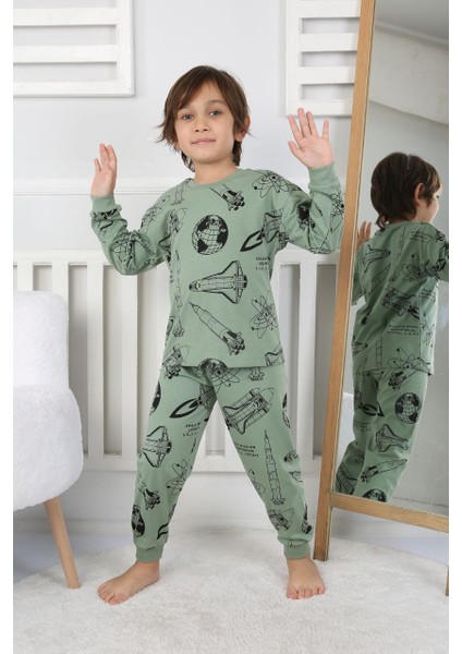 Uzay Mekiği Baskılı Pamuk Uzun Kollu Erkek Pijama Takımı (3,4,5,6,7,8 Yaş)