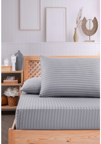 Pamuklu Çizgili Saten Çift Kişilik Lastikli Çarşaf Seti 160 x 200 cm 2 Adet Yastık Kılıfı