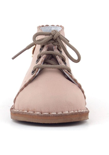 Handmade Hakiki Deri Pembe Çiçek Detaylı Bağcıklı Bebek Bot