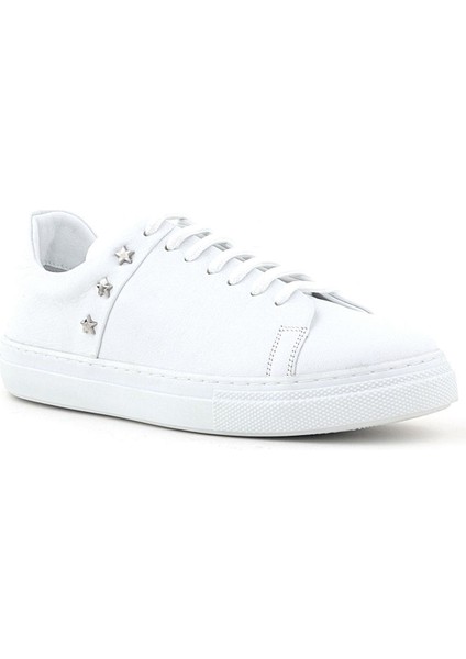 Hakiki Deri Kadın Beyaz Bağcıklı Yıldızlı Sneaker Ayakkabı