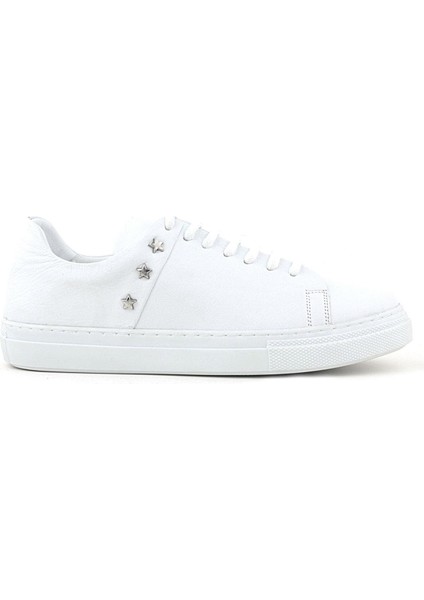 Hakiki Deri Kadın Beyaz Bağcıklı Yıldızlı Sneaker Ayakkabı