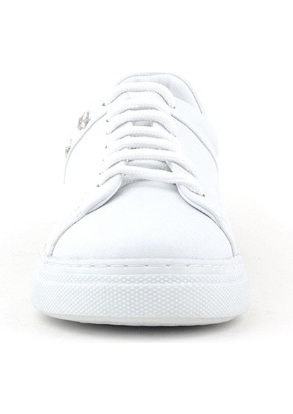 Hakiki Deri Kadın Beyaz Bağcıklı Yıldızlı Sneaker Ayakkabı