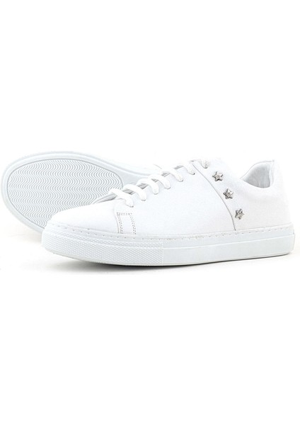 Hakiki Deri Kadın Beyaz Bağcıklı Yıldızlı Sneaker Ayakkabı