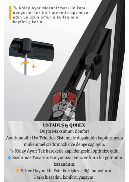 Ustaduş - Qorex Marka - 6 mm Karolaj Kumlu Temper Cam Duşakabin H:190 Özel Seri Krom Aksesuar