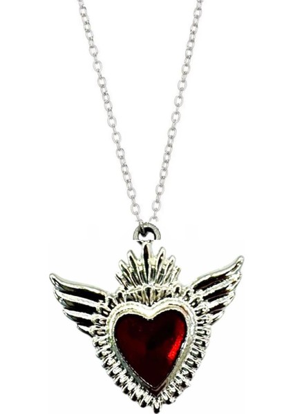 Gotik Kanatlı Kalp Kadın Kırmızı Gümüş Kolye