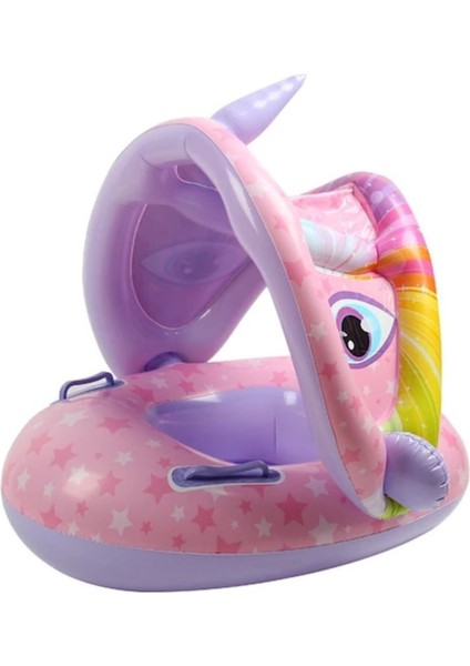 Gergedan Şekilli Baby Float Bebek Yüzme Simidi Güneşlikli Kapanır Açılır Gergedan Mor