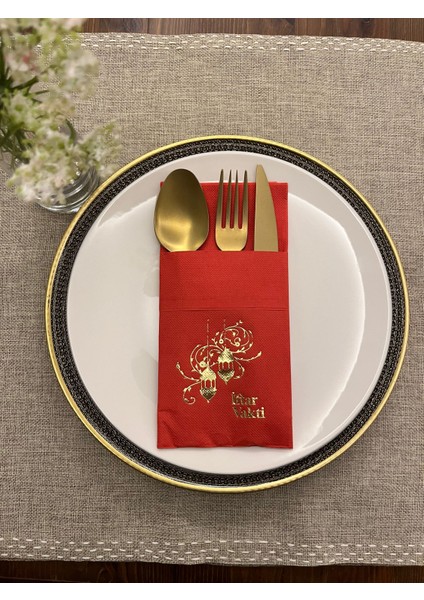 Gold Yaldızlı Kırmızı İftar Vakti Cepli Peçete 12 Adet