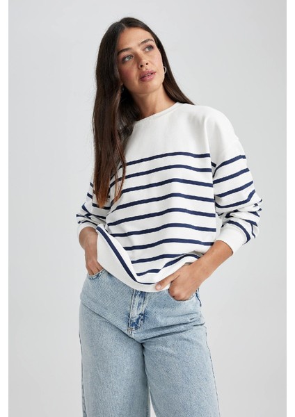 Relax Fit Bisiklet Yaka Çizgili İnce Sweatshirt A9255AX23WN