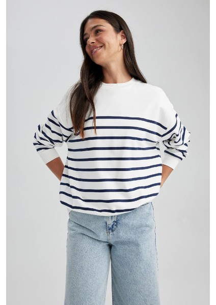 Relax Fit Bisiklet Yaka Çizgili İnce Sweatshirt A9255AX23WN