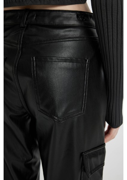 Suni Deri Pantolon Wide Leg Geniş Bol Paça Kargo Cepli Basic Düz B0462AX23AU