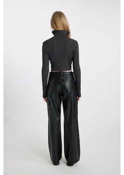 Suni Deri Pantolon Wide Leg Geniş Bol Paça Kargo Cepli Basic Düz B0462AX23AU