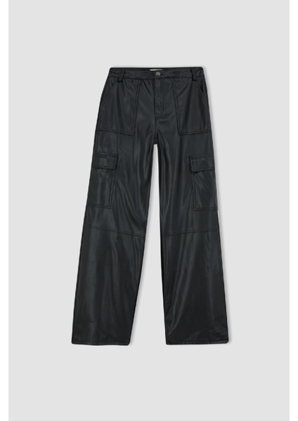 Suni Deri Pantolon Wide Leg Geniş Bol Paça Kargo Cepli Basic Düz B0462AX23AU