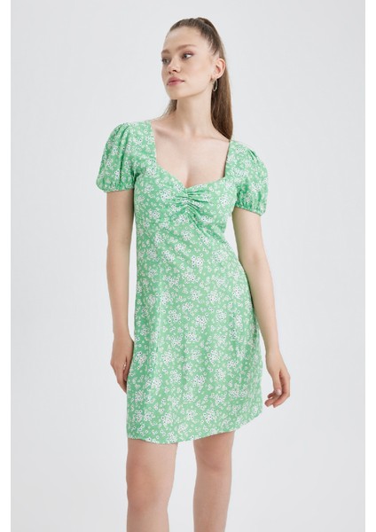 Coool Kalp Yaka Çiçekli Maroken Kısa Kollu Mini Elbise A9484AX23SM fiyatları