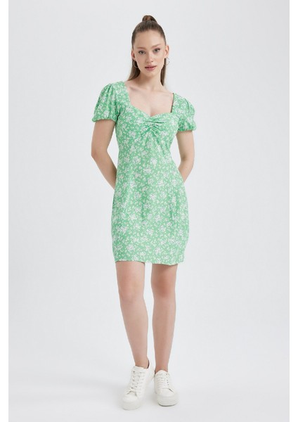 Coool Kalp Yaka Çiçekli Maroken Kısa Kollu Mini Elbise A9484AX23SM modelleri