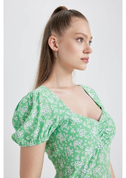 Coool Kalp Yaka Çiçekli Maroken Kısa Kollu Mini Elbise A9484AX23SM indirimleri