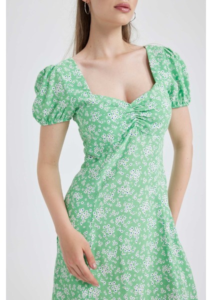 Coool Kalp Yaka Çiçekli Maroken Kısa Kollu Mini Elbise A9484AX23SM