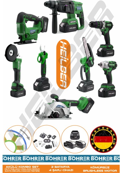 Alman 4 Akü 2 Şarj Cihazı V598 Profesyonel 8 Makine Kombo Set , Yeşil Çanta