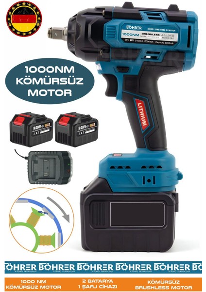 Alman V598 Akülü 1000NM Darbeli Oto Somun Sıkma Makinesi - 15 Pilli 5AH 15C Kalite