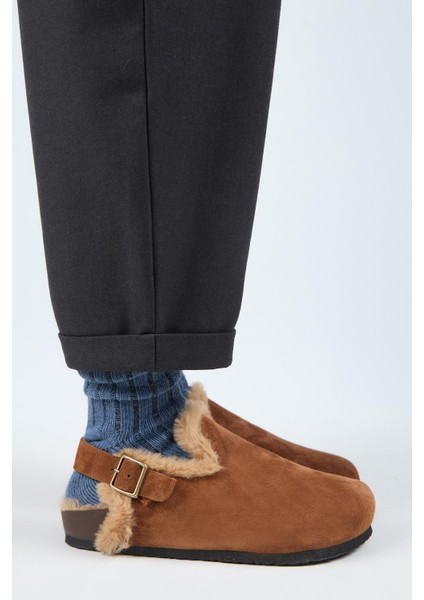 (Holly 2 Kürklü) Kadın Deri Kemerli Tokalı Sabo Taba Sandalet