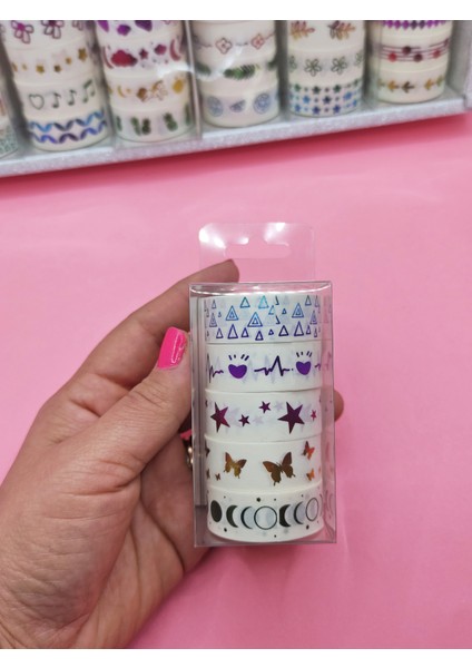 Renkli Yaldızlı Vintage Washi Tape Bant Yapışkanlı Maskeleme Kağıdı 5 Lı - Dolunay