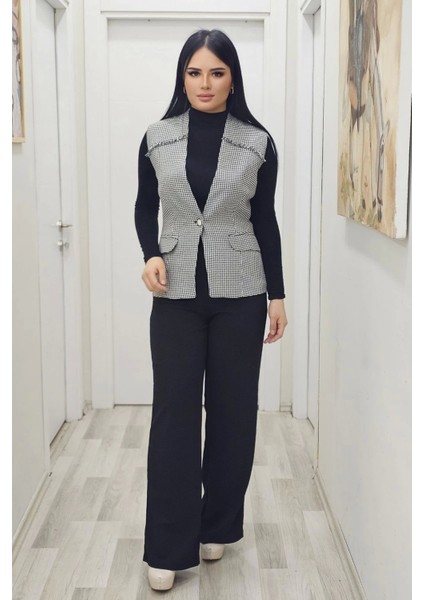 Püskül Detaylı Cepli Yelek 704-1-SIYAH/BEYAZ