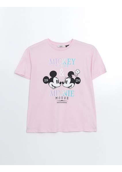 Xsıde Bisiklet Yaka Mickey ve Minnie Mouse Baskılı Kadın Tişört