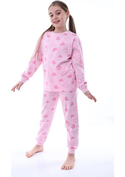 Pembe Kalp Baskılı Pamuk Uzun Kollu Kız Çocuk Pijama Takımı (3,4,5,6,7,8 Yaş)