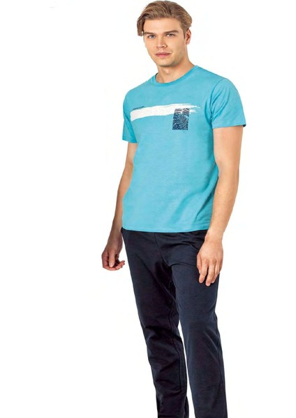 6077 Erkek Mavi Kısa Kollu Yuvarlak Yaka Penye Pijama Takımı