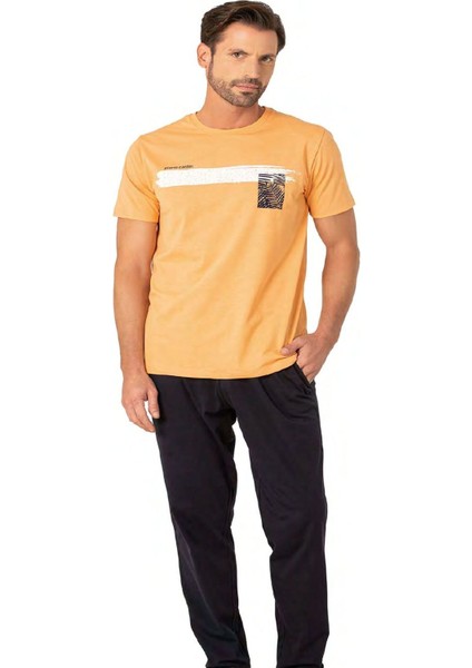 6077 Erkek Mandarin Kısa Kollu Yuvarlak Yaka Penye Pijama Takımı