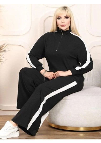 Kadın Büyük Beden Şeritli Yaka Fermuarlı Esnek Pamuk Kaşkorse Takım