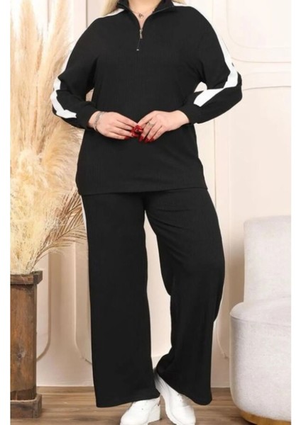 Kadın Büyük Beden Şeritli Yaka Fermuarlı Esnek Pamuk Kaşkorse Takım fiyatları