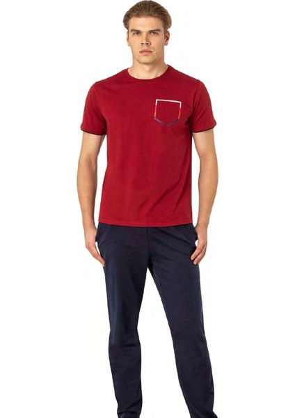 6082 Erkek Bordo Kısa Kollu Yuvarlak Yaka Penye Pijama Takımı